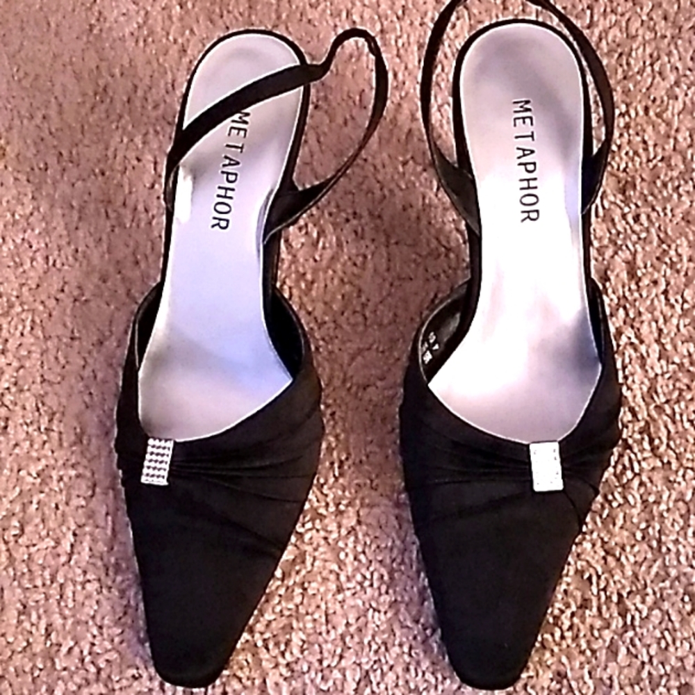 Metaphor special occasion black satin 3 inch heels sling backs